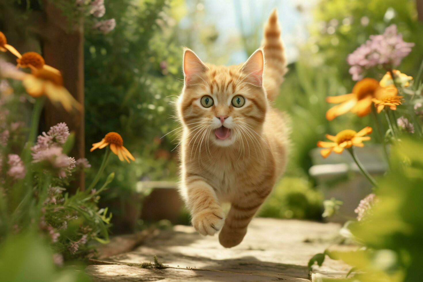 gato corriendo en el jardín. ai generado foto