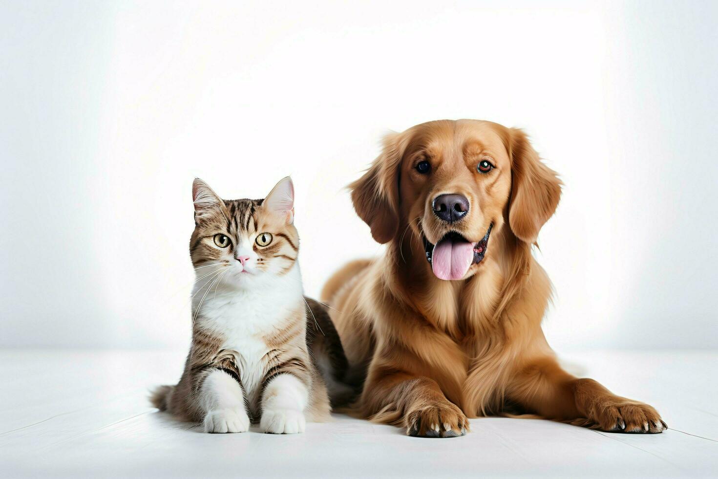 foto perro y gato en un llanura blanco antecedentes. ai generado