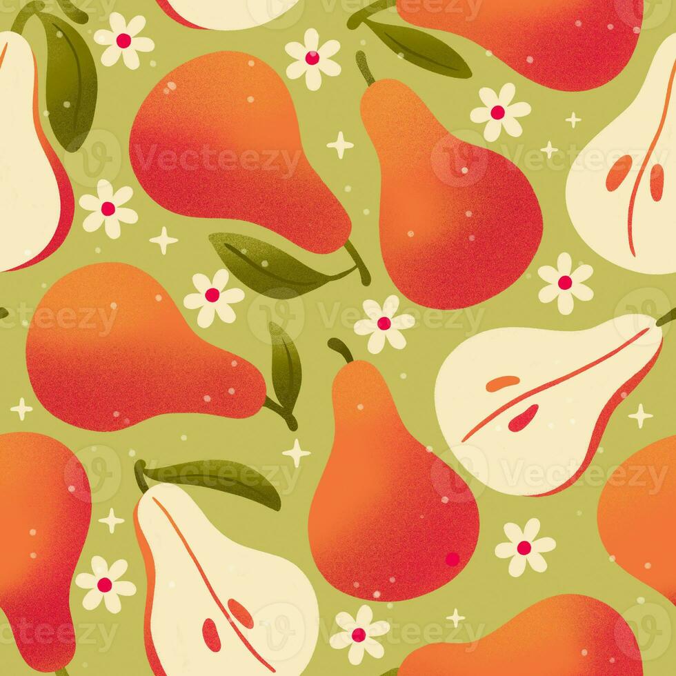Seamless pattern with hand drawn pears on light green background. Fruit and floral design in bright colors. Colorful illustration. photo