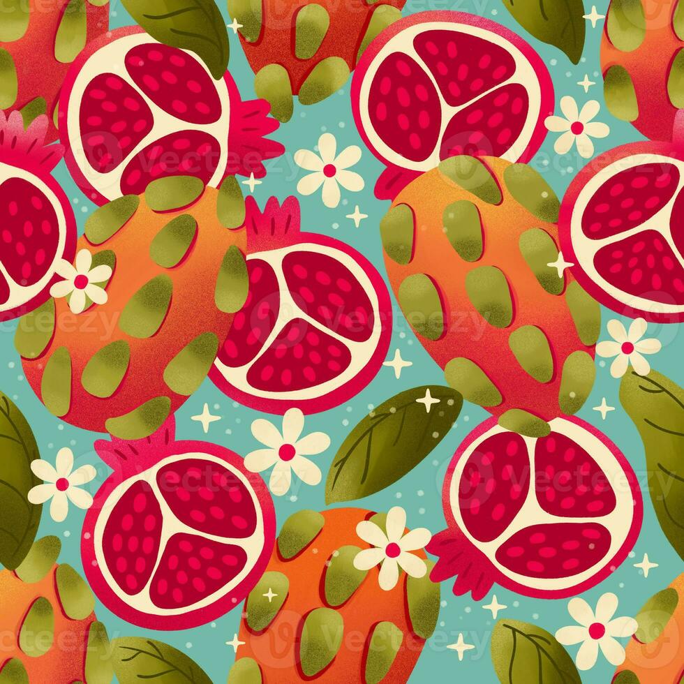 Seamless pattern with hand drawn pomegranate and dragon fruit on blue background. Fruit and floral design in bright colors. Colorful illustration. photo