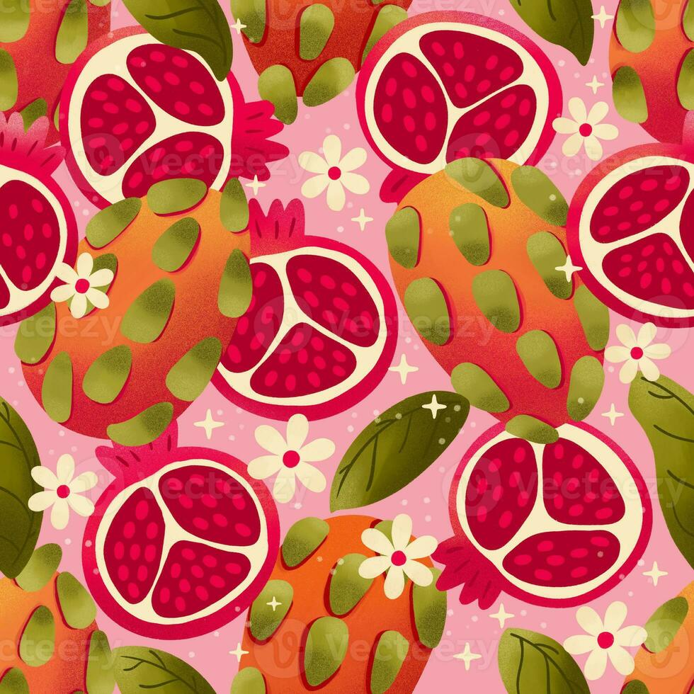 Seamless pattern with hand drawn pomegranate and dragon fruit on pink background. Fruit and floral design in bright colors. Colorful illustration. photo