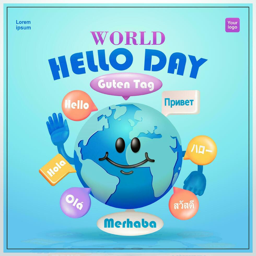 mundo Hola día. habla burbujas en diferente idiomas desde alrededor el mundo con linda tierra caracteres. 3d vectores adecuado para eventos
