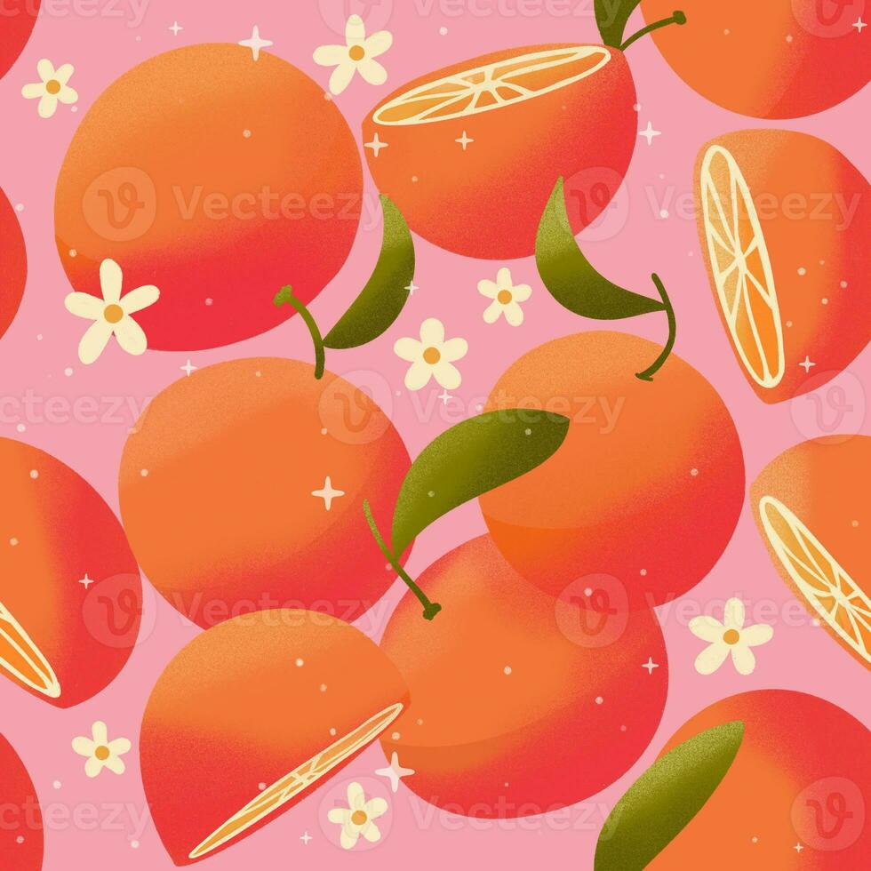 Seamless pattern with hand drawn oranges on pink background. Fruit and floral design in bright colors. Colorful illustration. photo