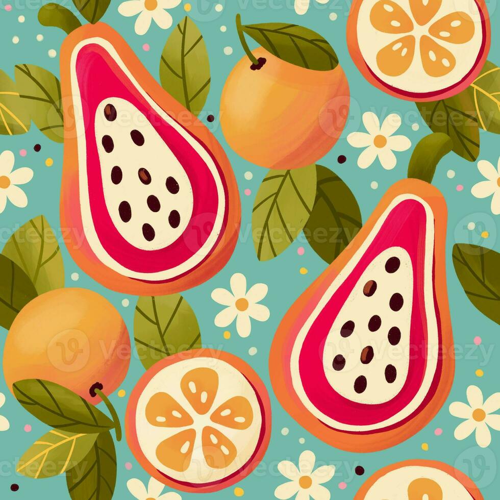 sin costura modelo con mano dibujado papayas y naranjas en ligero azul antecedentes. Fruta y floral diseño en brillante colores. vistoso ilustración. foto