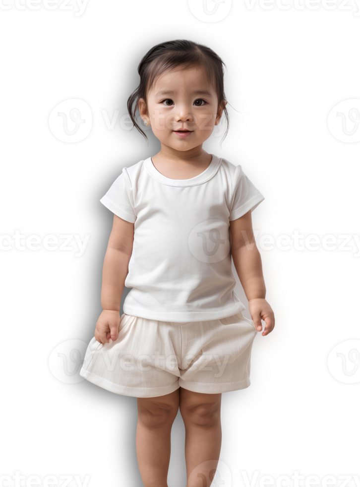 magnifique asiatique bébé fille dans blanc T-shirt. maquette pour T-shirt impression magasin. ai génératif png