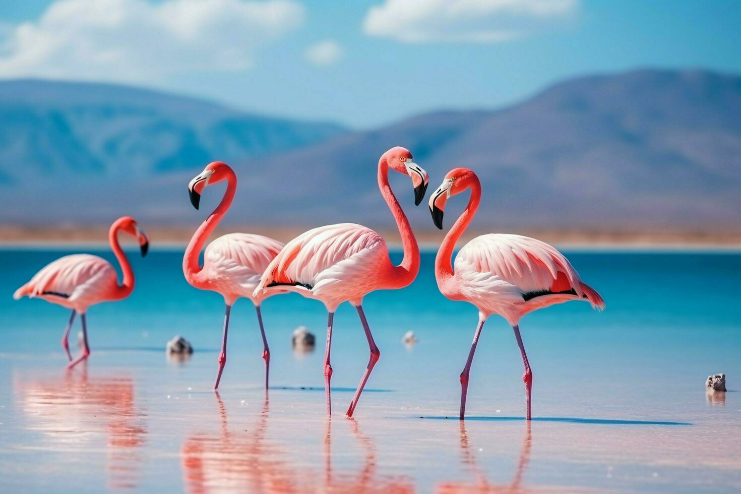 Wild african birds. Group birds of pink african flamingos walking around the blue lagoon on a sunny day. ai generated photo