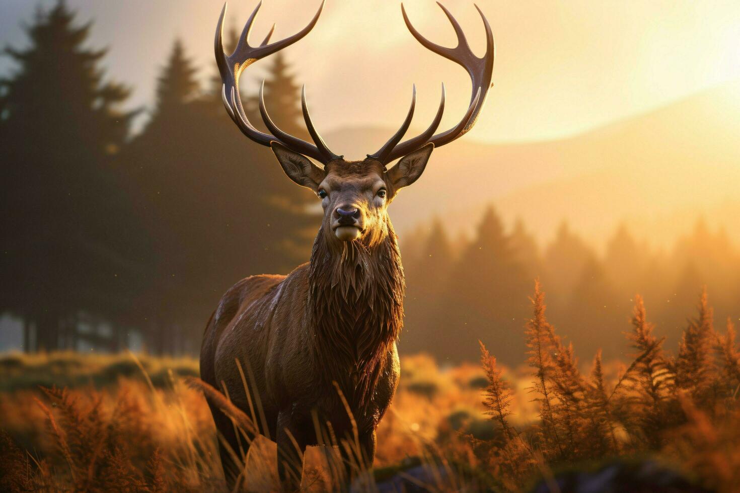 Red Deers in morning Sun. ai generated photo