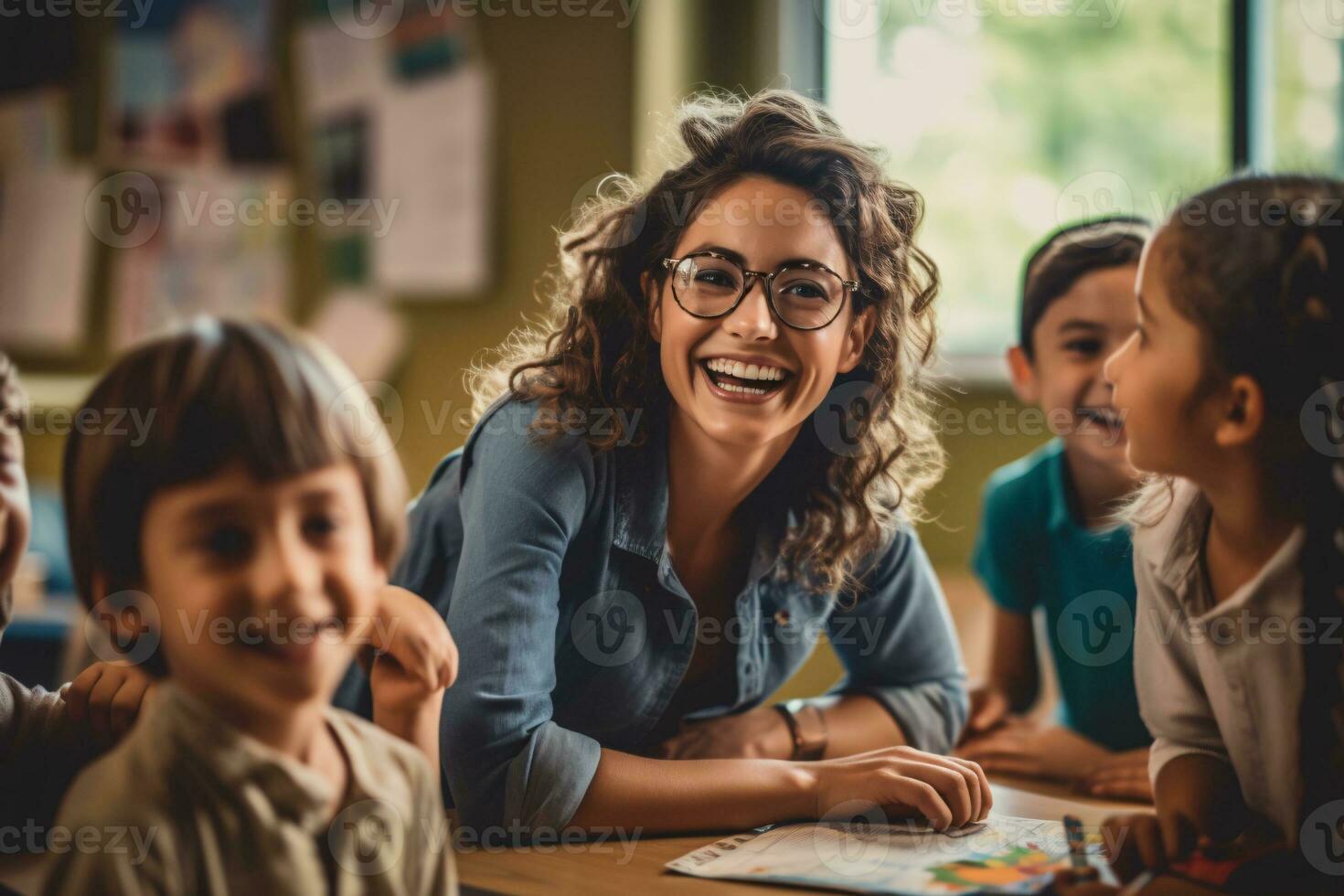 el profesor es enseñando niños a escuela. ai generado foto