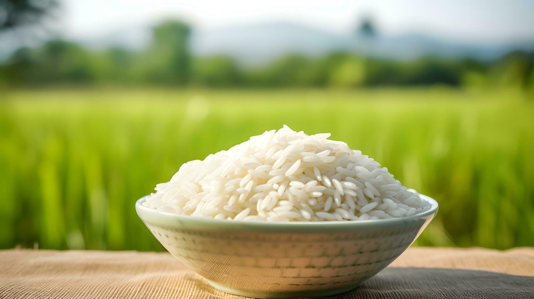 Asian white rice or uncooked white rice with the rice field back ai generate photo