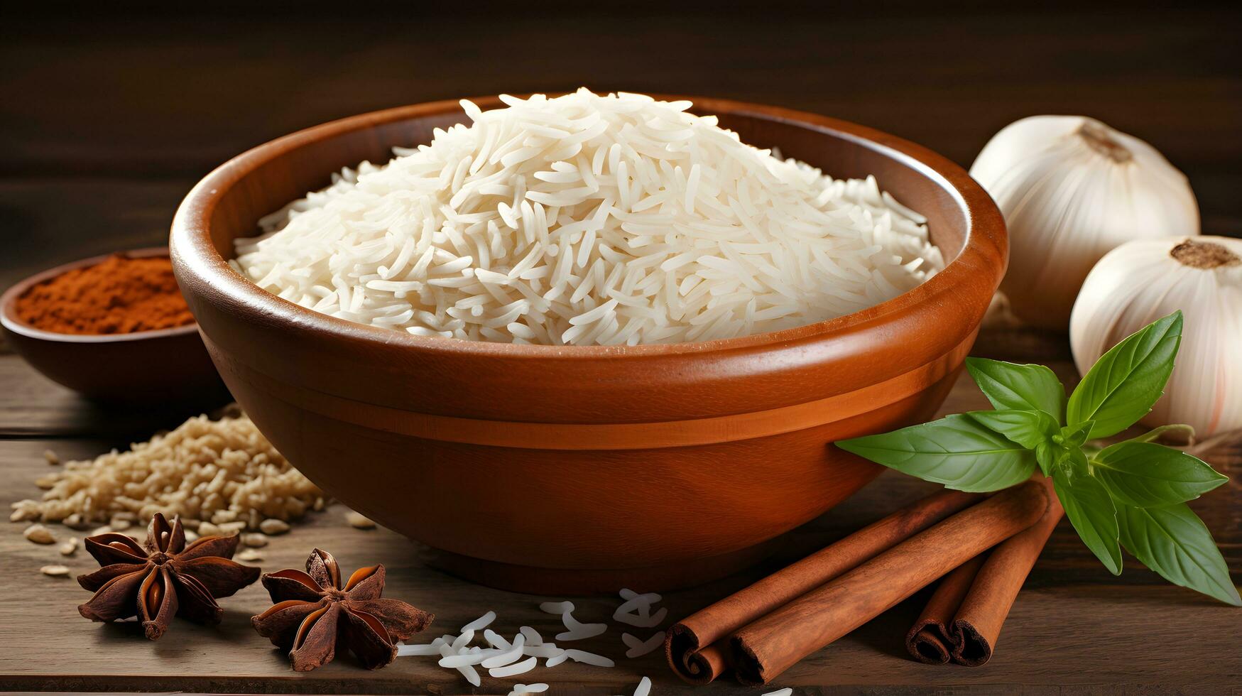 rice in the wooden bowl with other ingredients ai generate photo