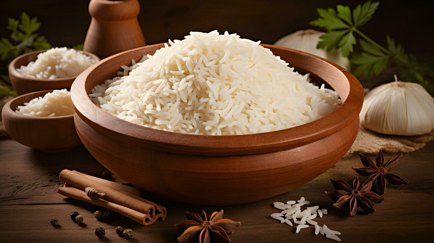 rice in the wooden bowl with other ingredients ai generate photo