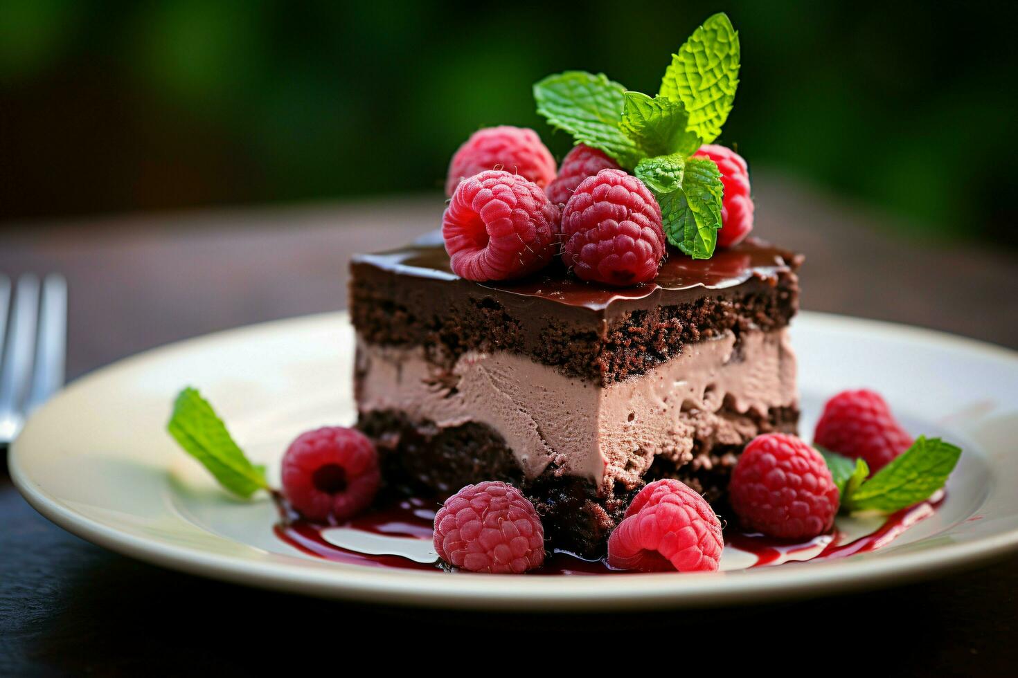 chocolate raspberry dessert with fresh mint topping. ai generated photo