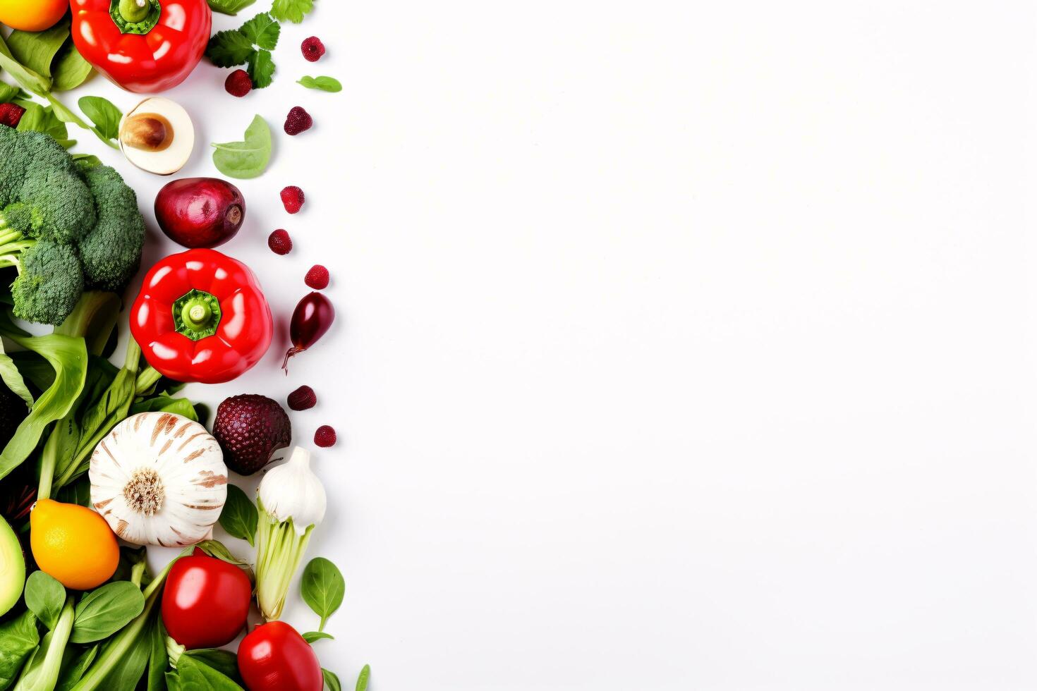 flat lay vegetables on white background food and diet concept. ai generated photo