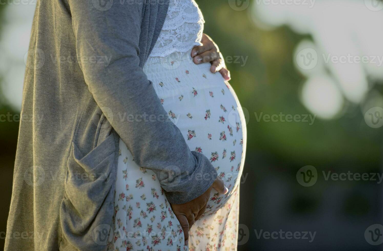 contento embarazada mujer soportes frotamiento su grande barriga cariñosamente a su hogar. joven mujer el embarazo disfruta futuro vida maternidad y el embarazo simbolizar nuevo vida. Fertilidad el salud de el feto. foto