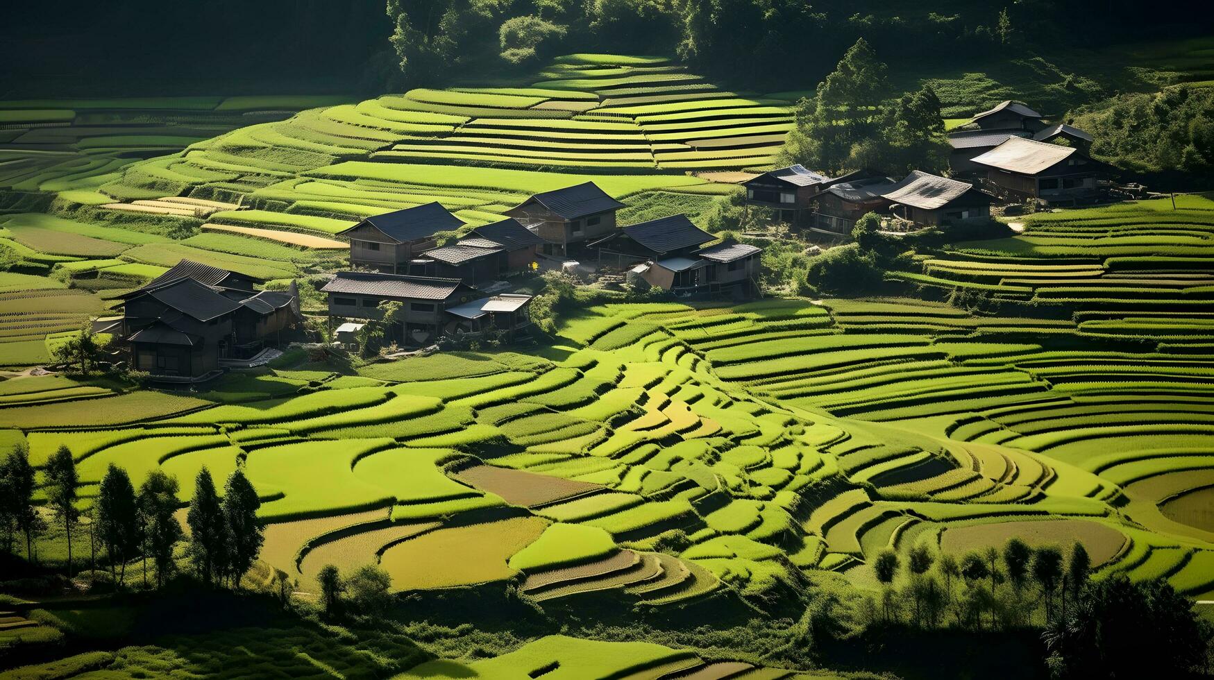 Chinese rural area, mature rice ai generate photo