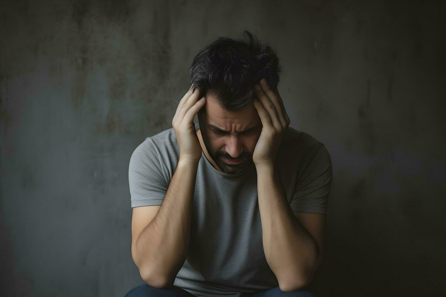 triste hombre participación cabeza con mano. ai generar foto