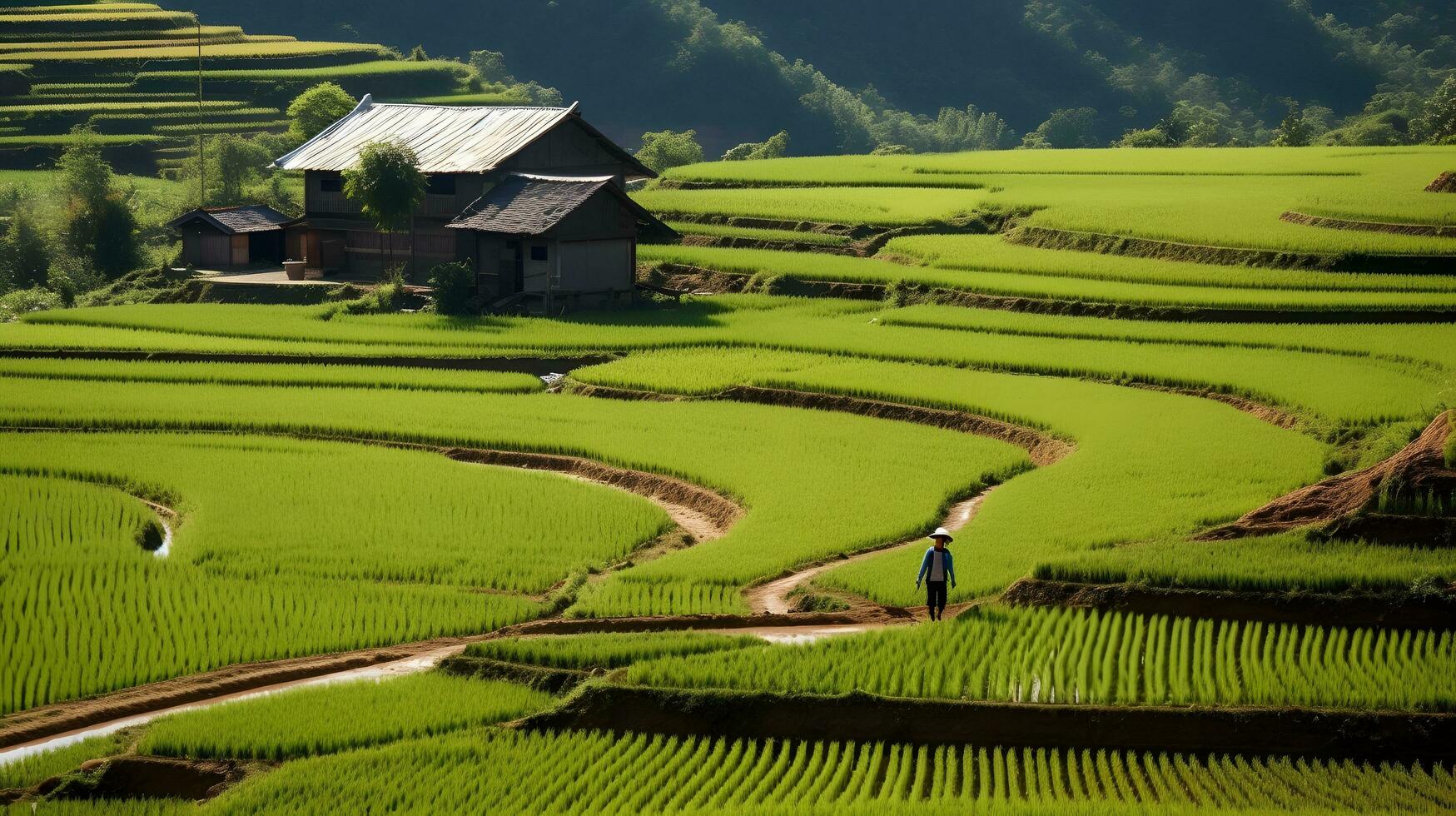 Chinese rural area, mature rice ai generate photo