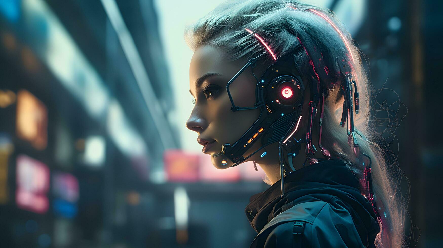 wide view woman cyberpunk aesthetic ai generate photo