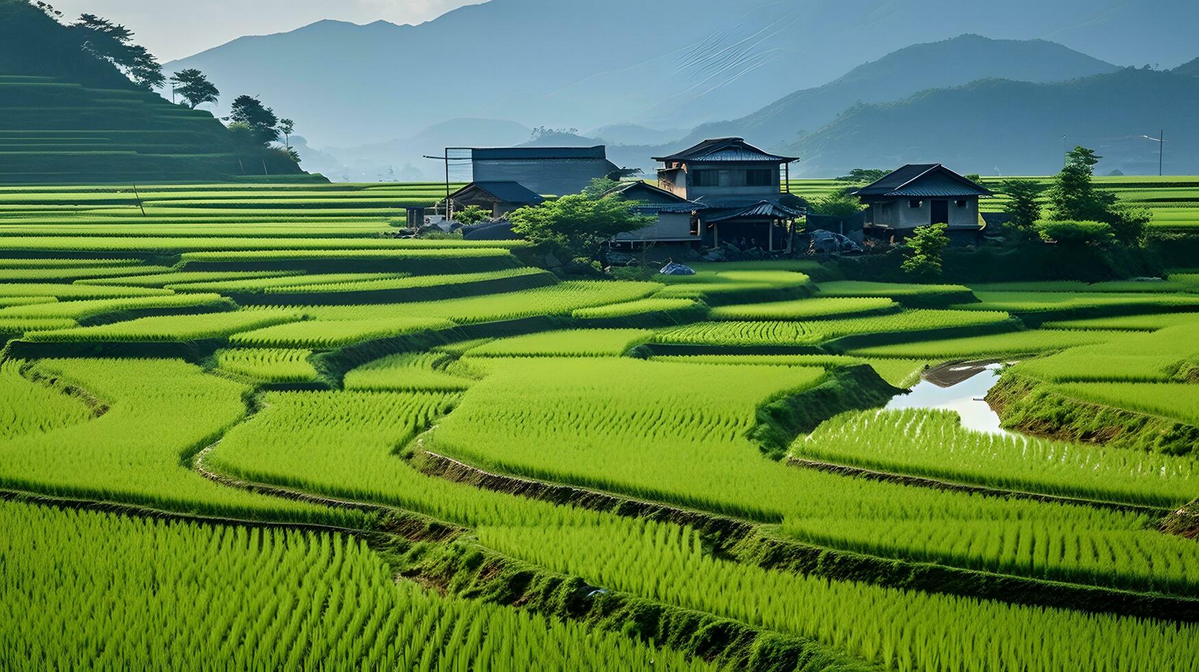 Chinese rural area, mature rice ai generate photo