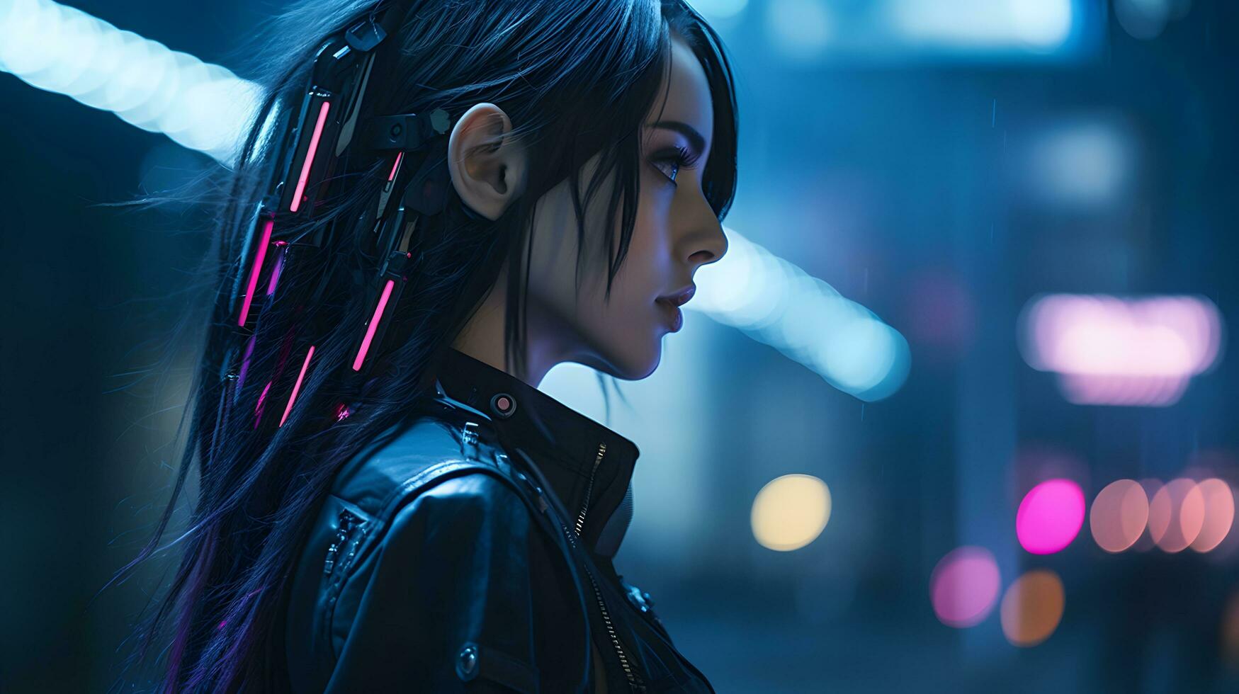 wide view woman cyberpunk aesthetic ai generate photo