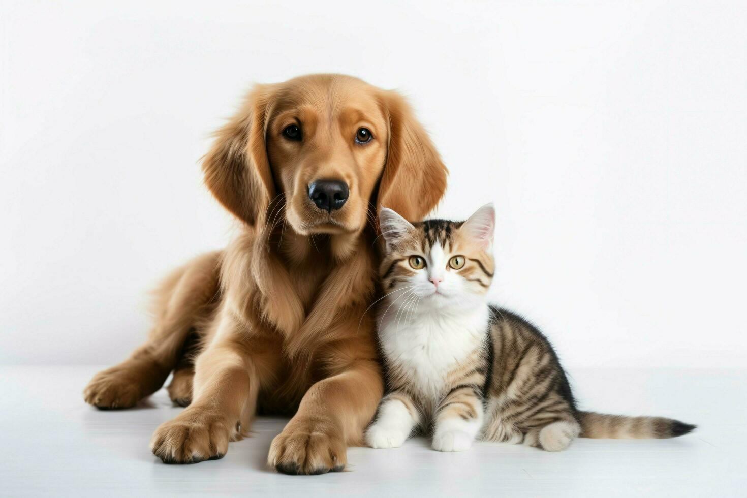 foto perro y gato en un llanura blanco antecedentes. ai generado