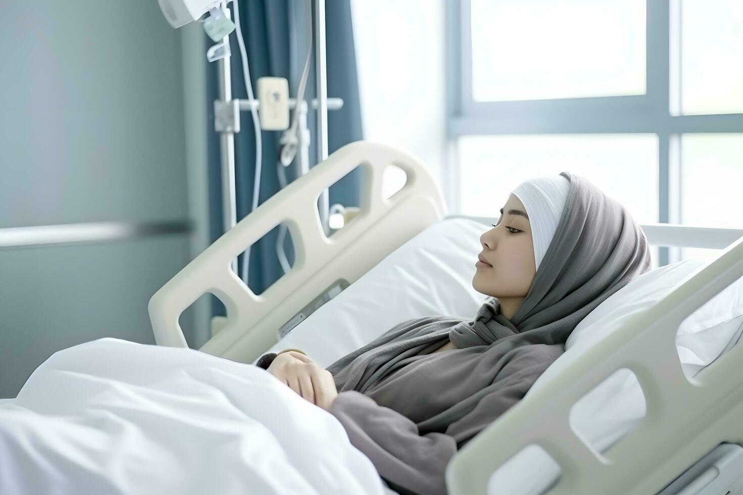 lonely accident patients injury woman on bed patients in hospital want to go home medical ai generate photo