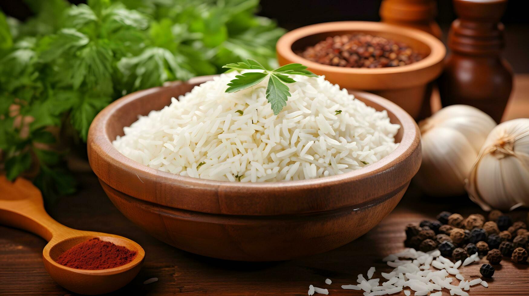 rice in the wooden bowl with other ingredients ai generate photo