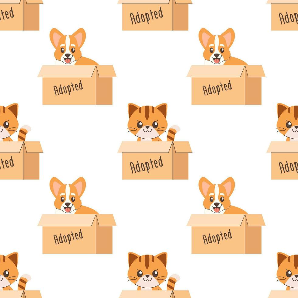 Seamless pattern of a cat and a dog in a box, adoption vector