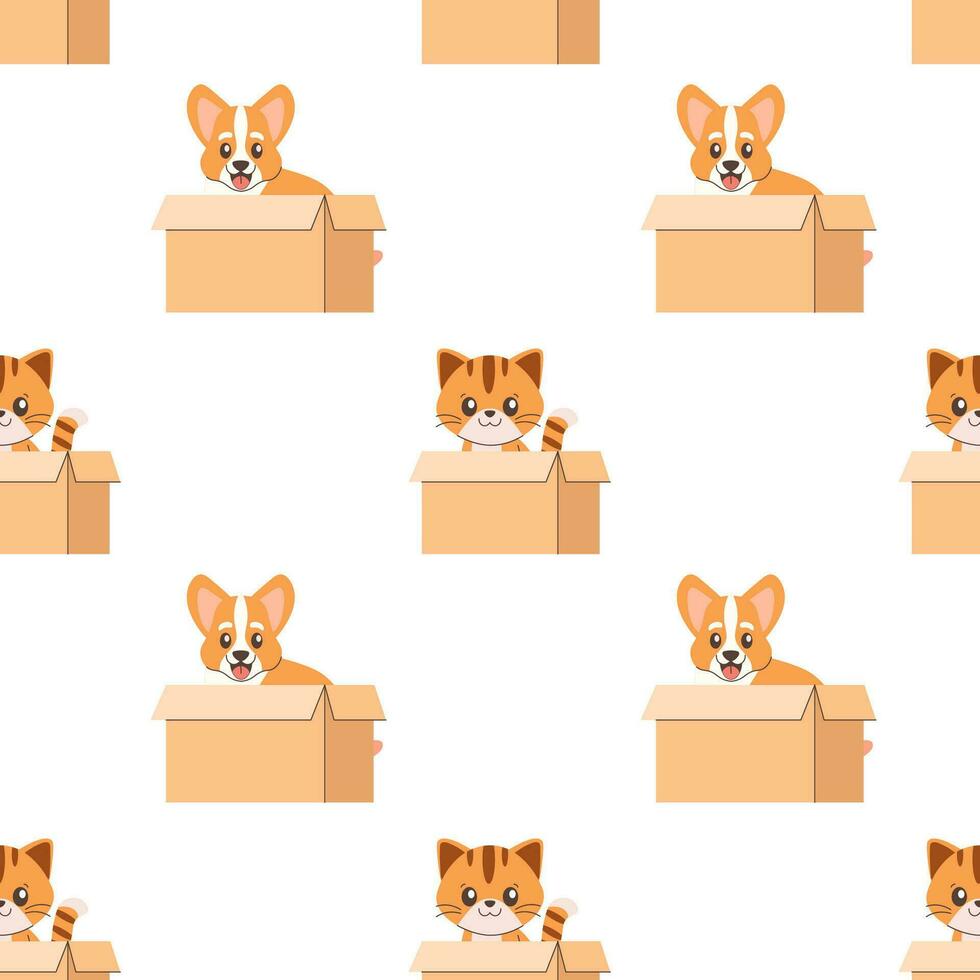 Seamless pattern of a cat and a dog in a box, adoption vector