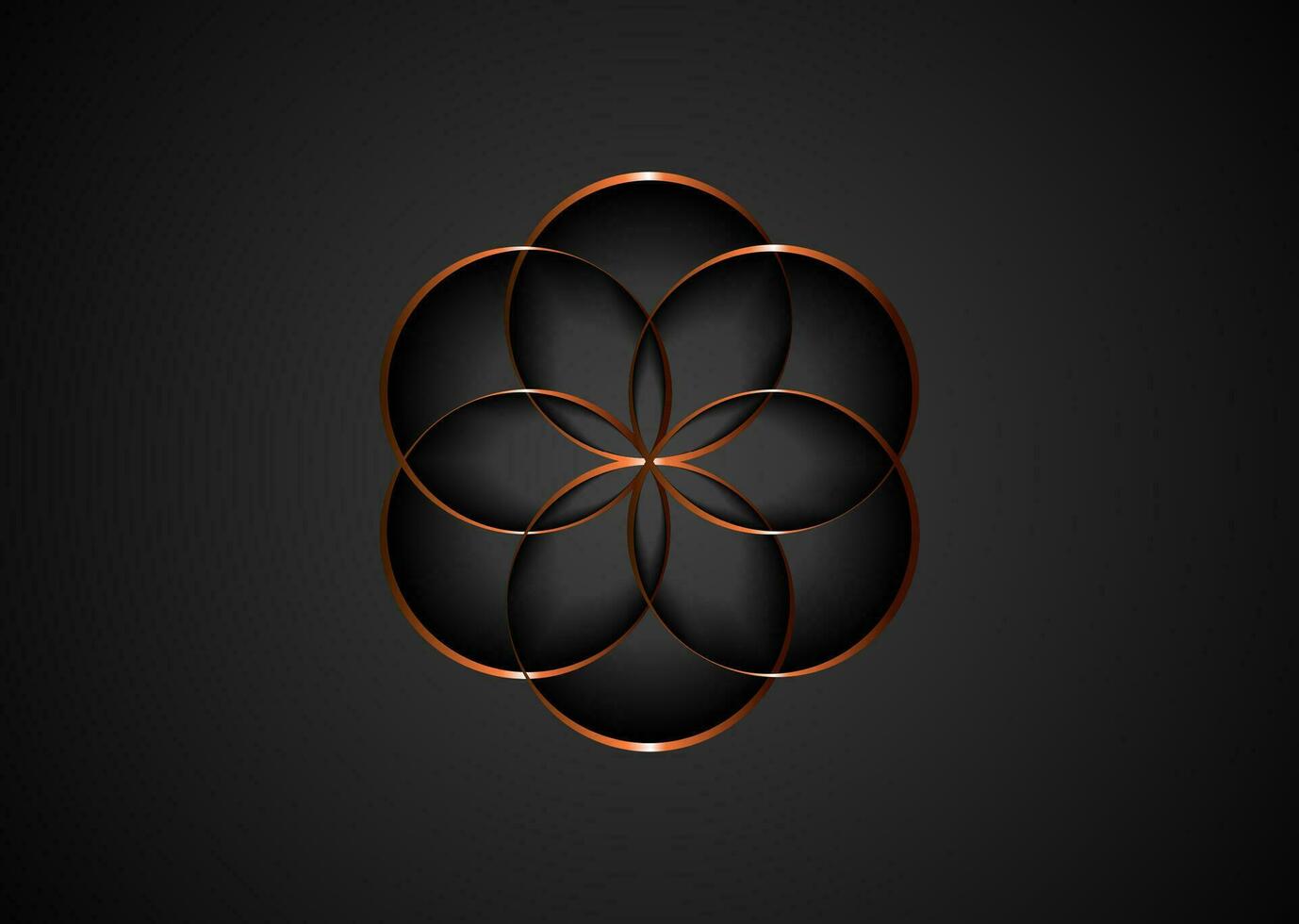 Esoteric Flower of Life in bronze colored, logo design. Seed of life symbol of Sacred Geometry. Geometric mystic mandala of alchemy divine meditative amulet, vector isolated on black background