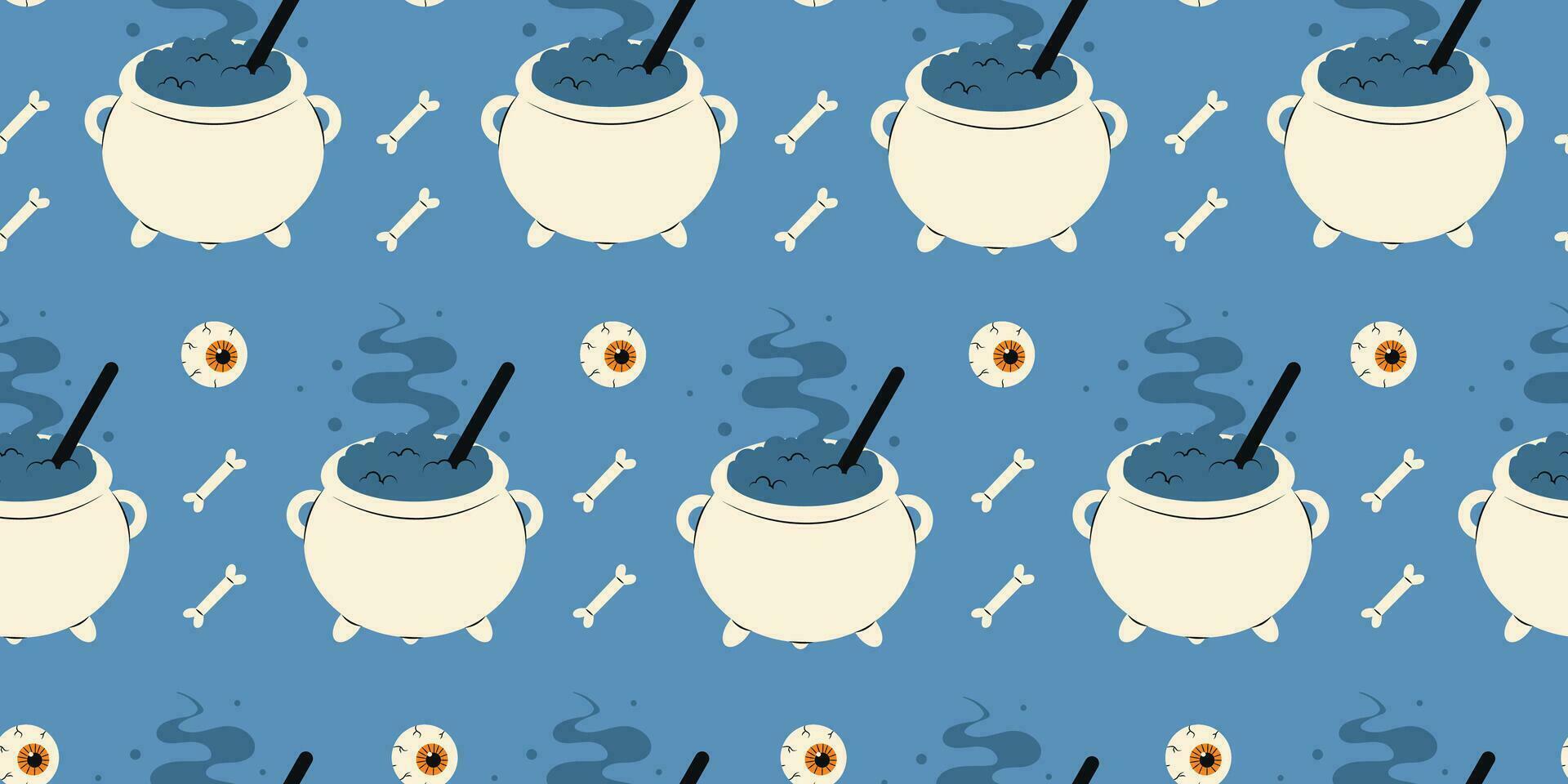 Cute Halloween seamless pattern with witchs cauldron, bones and human eyes on blue background. Halloween various elements. Pattern for print design. Vector stock illustration in cartoon style.
