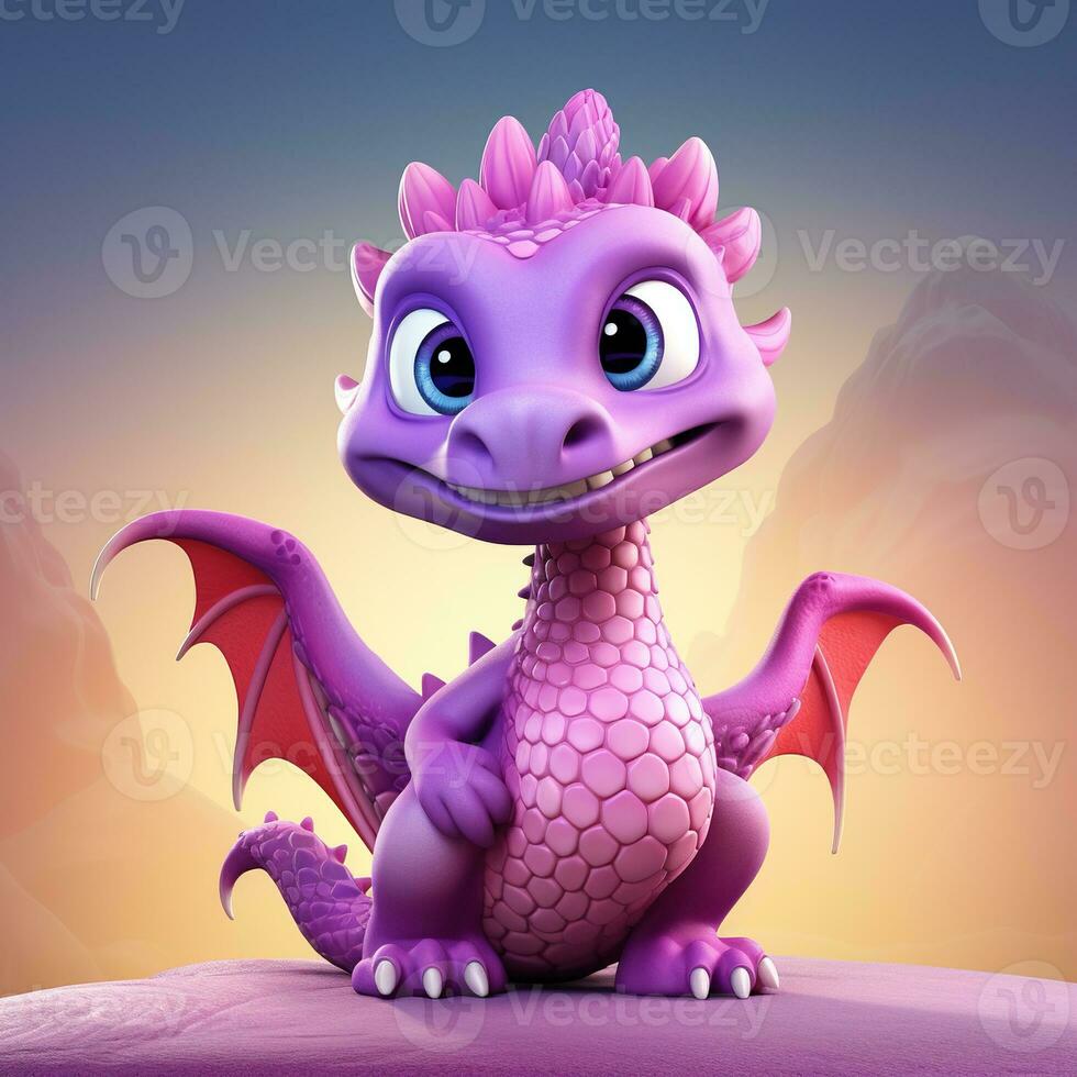 Purple characters cartoon dragon 3d image AI Generative photo