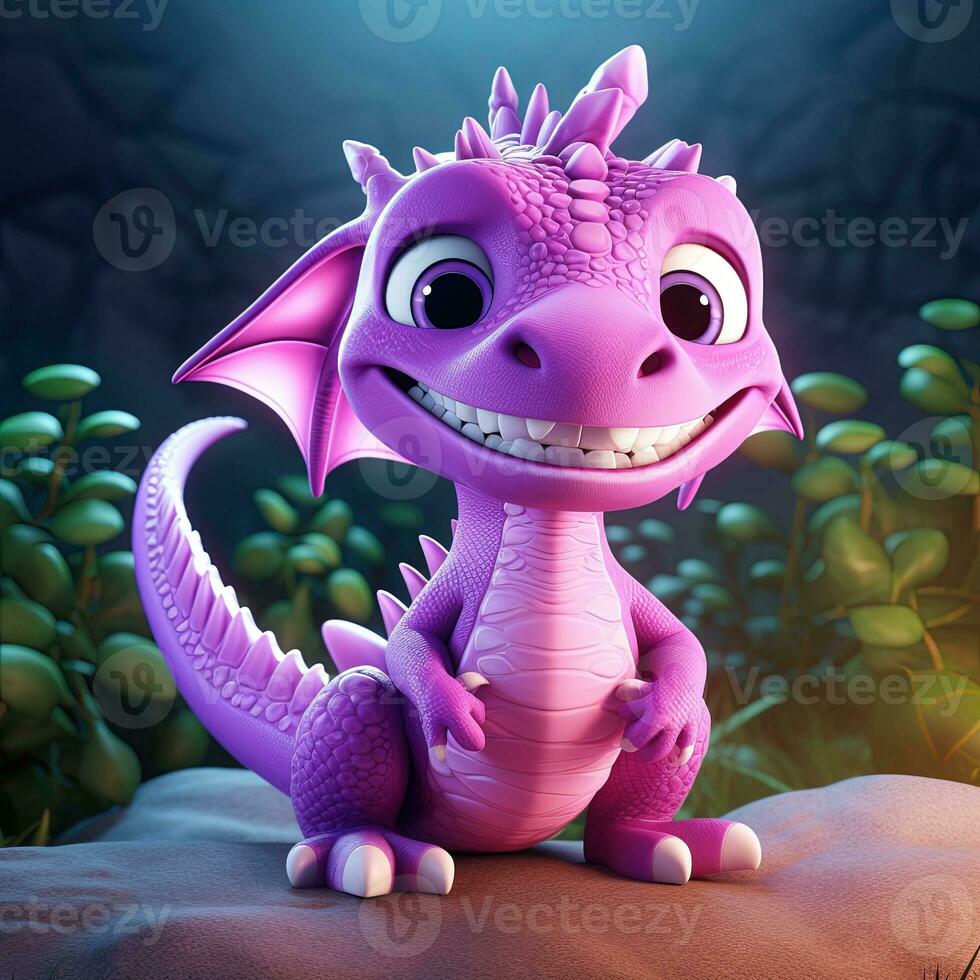 Purple characters cartoon dragon 3d image AI Generative photo