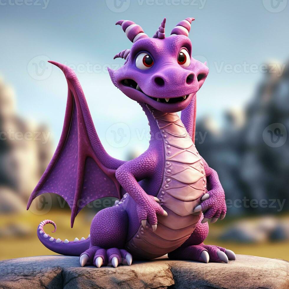 Purple characters cartoon dragon 3d image AI Generative photo