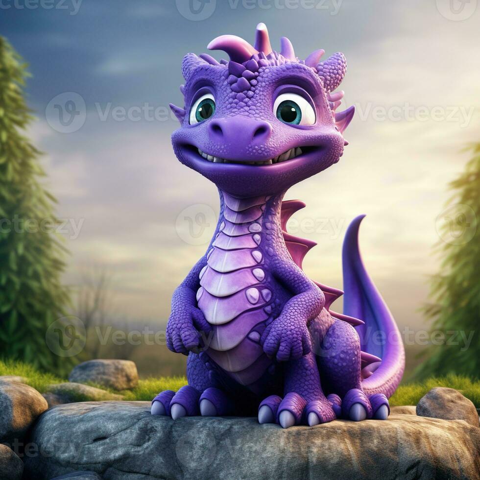 Purple characters cartoon dragon 3d image AI Generative photo