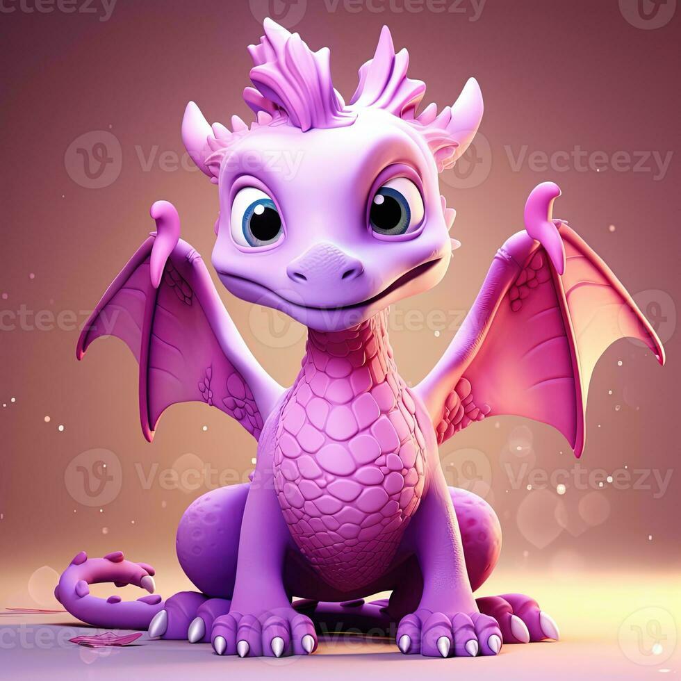 Purple characters cartoon dragon 3d image AI Generative photo