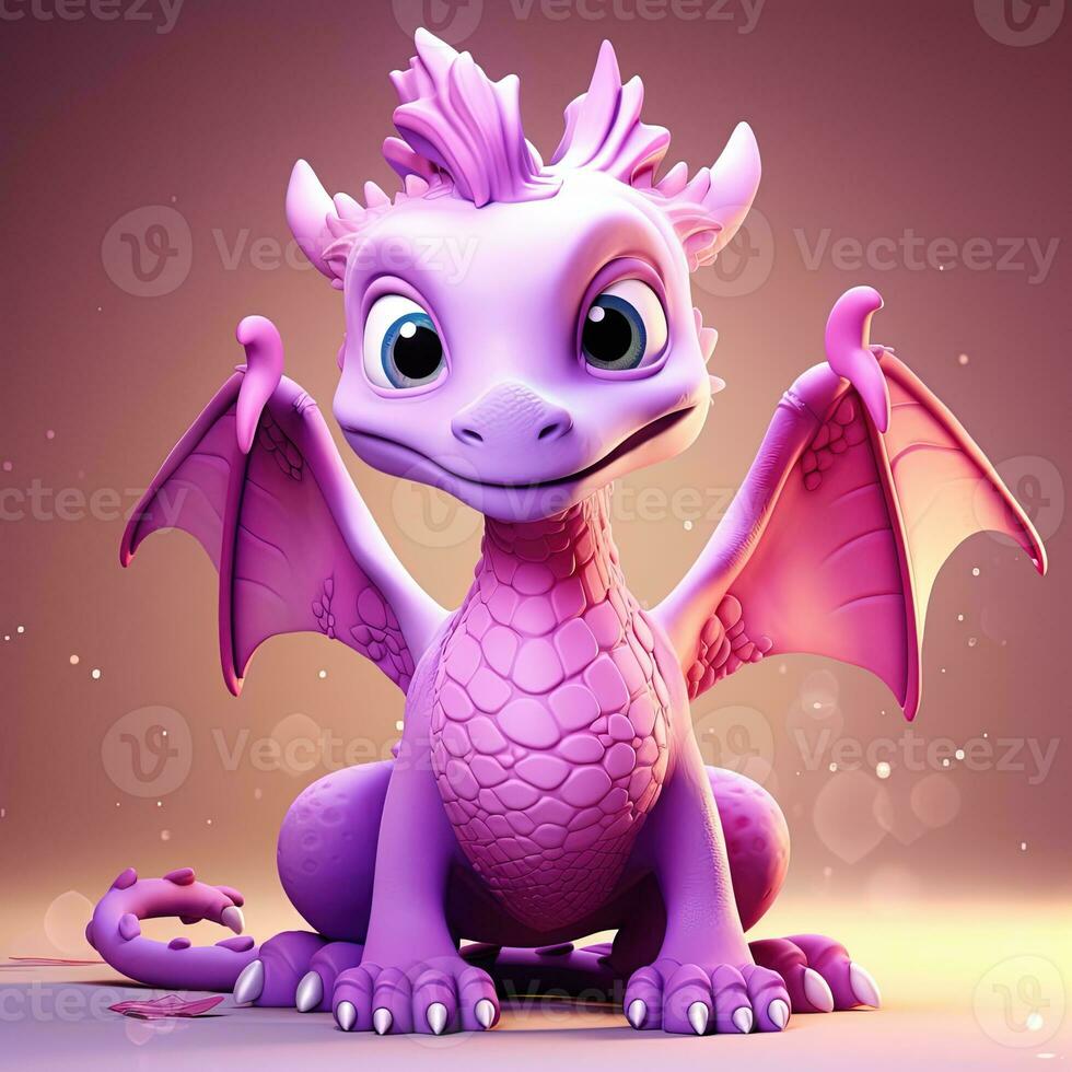 Purple characters cartoon dragon 3d image AI Generative photo