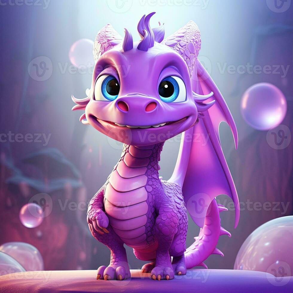 Purple characters cartoon dragon 3d image AI Generative photo