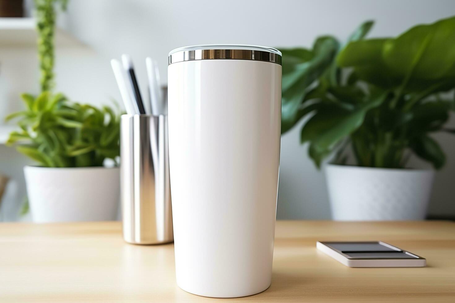 White stainless steel sublimation blank tumblers with straw, product shot. Generative AI photo