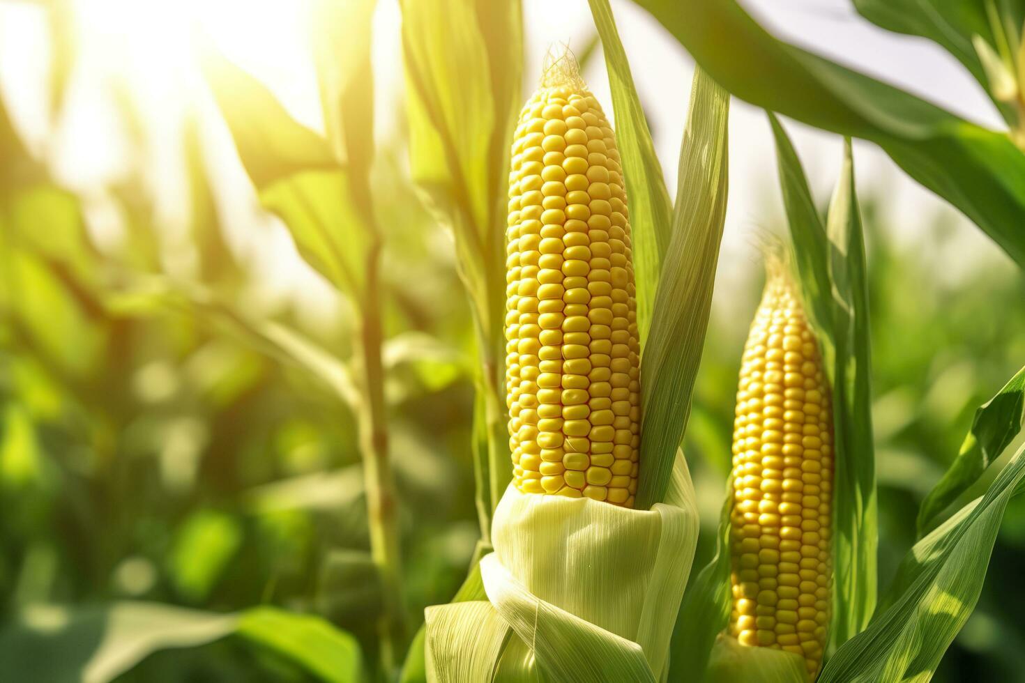 de cerca maíz mazorcas en maíz plantación campo. generativo ai foto