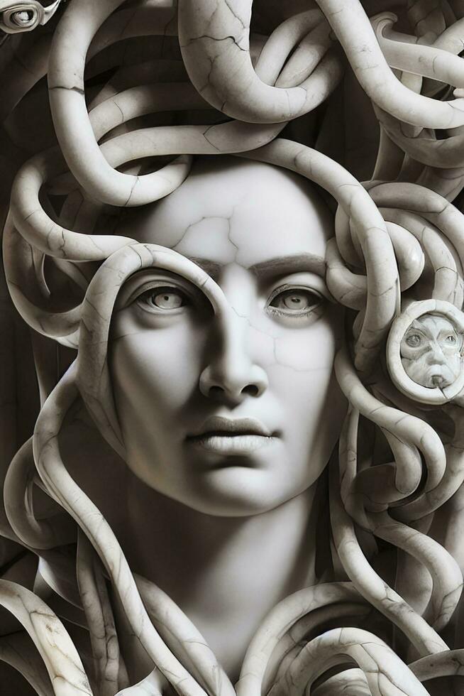 Portrait of cyborg medusa close up carved in marble. AI Generated photo