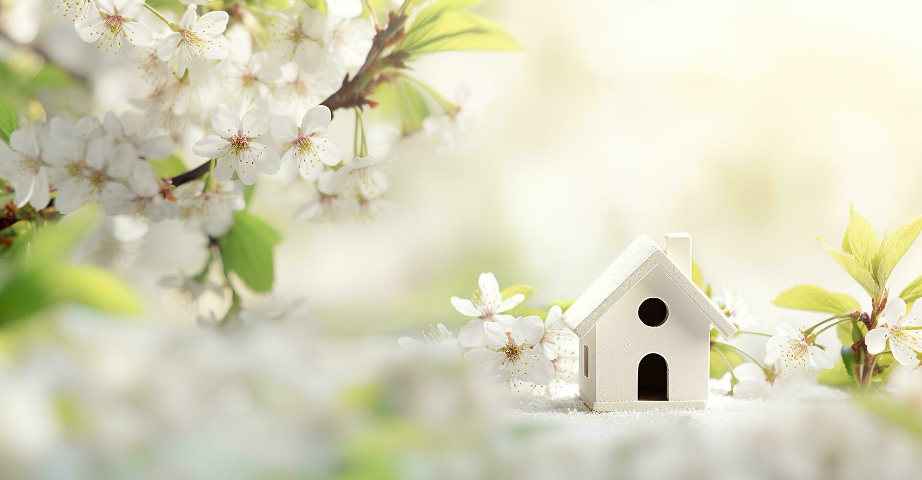 Toy house and cherry flowers, spring abstract natural background. Generative AI photo