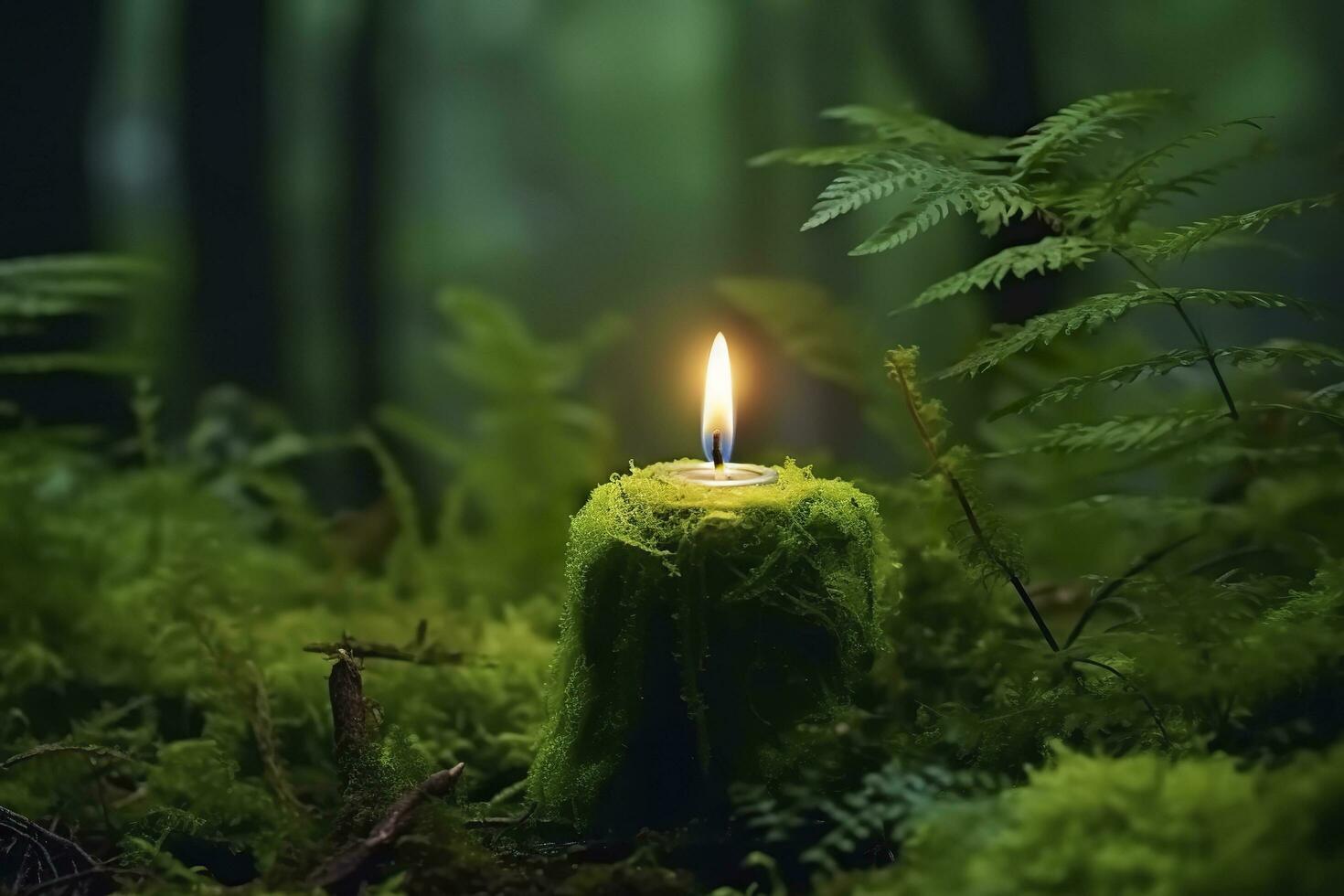 Burning candle on moss, dark green blurred the natural background. Magic candle. Generative AI photo