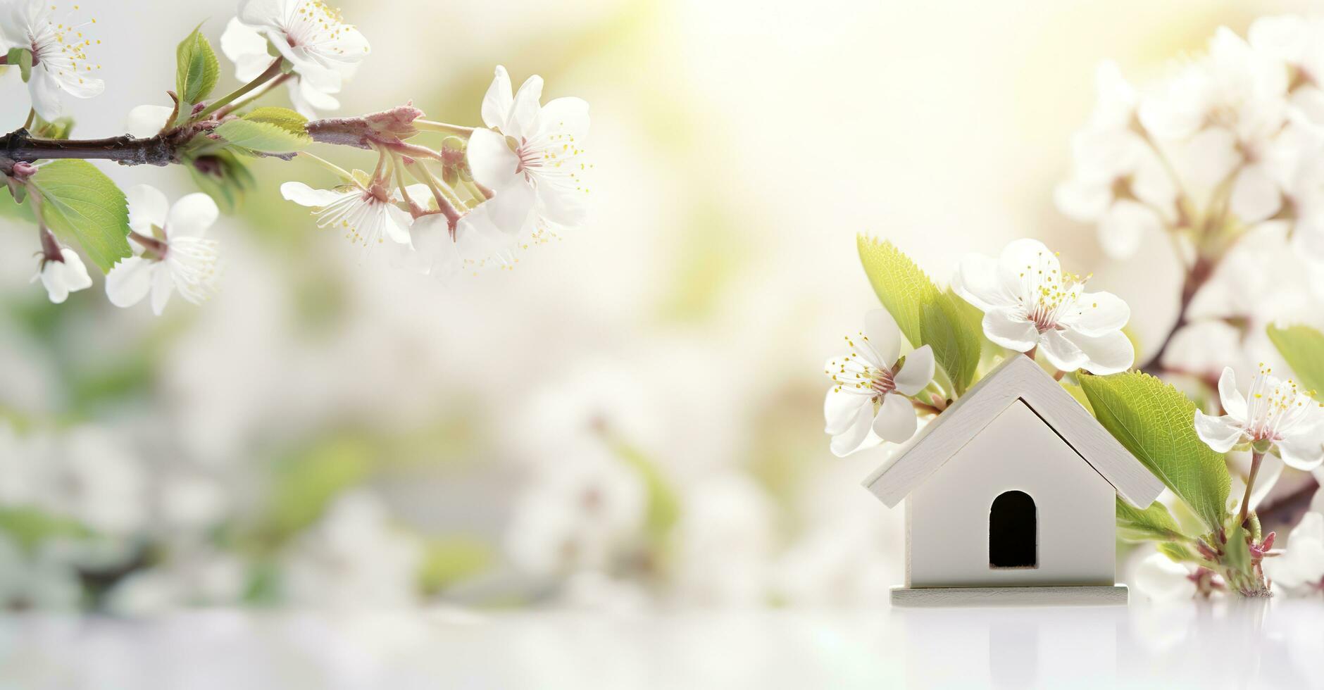Toy house and cherry flowers, spring abstract natural background. Generative AI photo