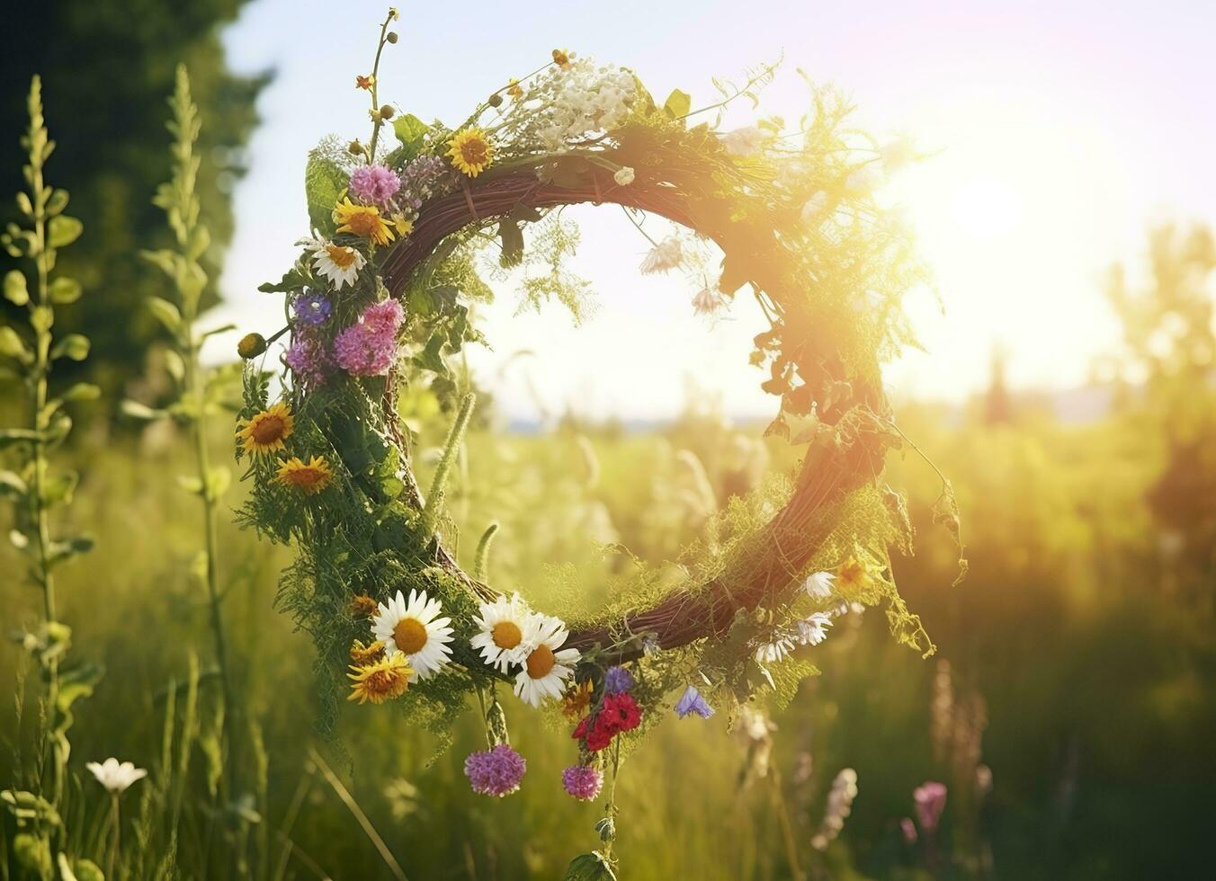Rustic wildflowers wreath on a sunny meadow. Summer Solstice Day, Midsummer concept. Generative AI photo