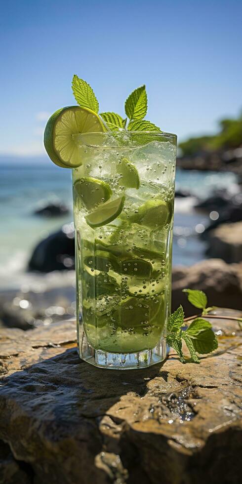 Stunning photo of cocktail mojito, a sunny summer beach in the background. Generative AI