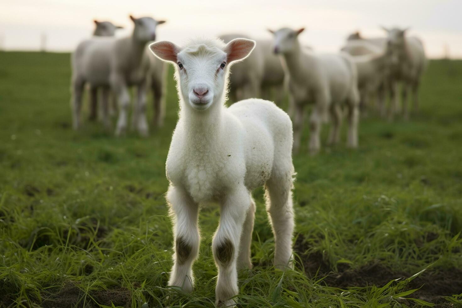 White lamb in a field in front of other animals. Generative AI photo