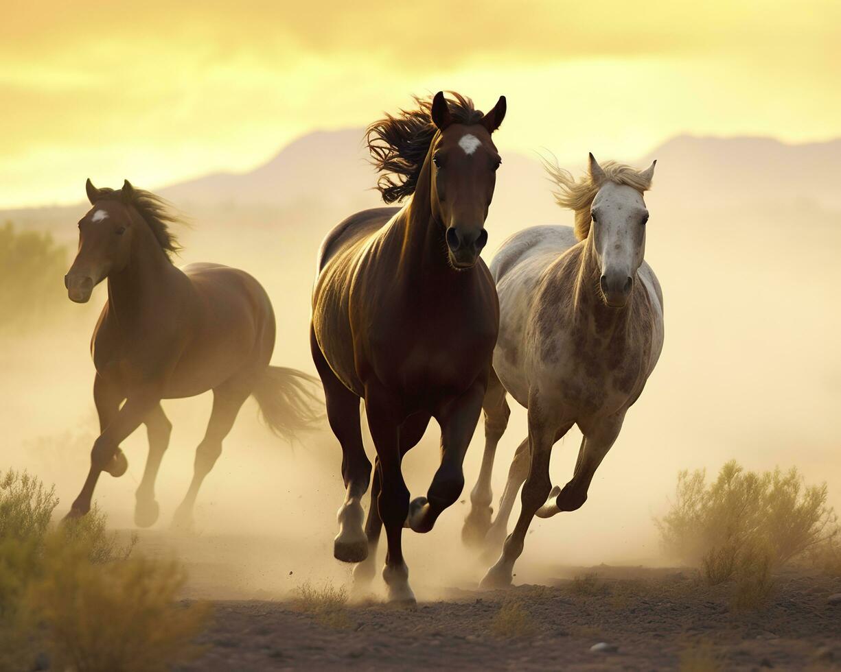 A group of horses running on the land. Generative AI photo