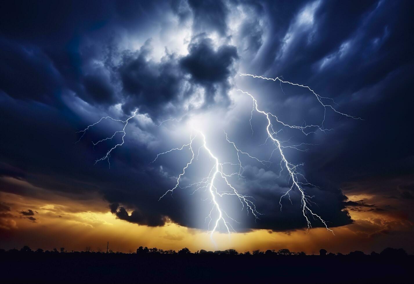 Lightning strikes on a cloudy dramatic stormy sky. AI Generated photo
