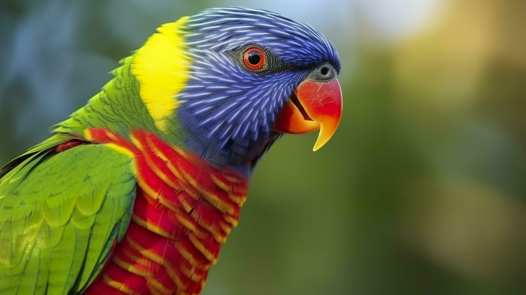 Side view Closeup of beautiful and colorful Lorikeet Green naped bird. Generative AI photo